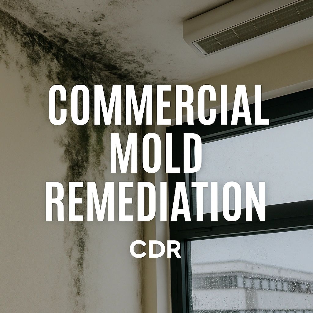 Visible mold growth on a commercial building wall near a window during rainy conditions.