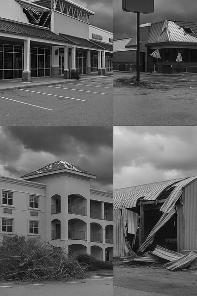 Collage showing storm damage to retail, restaurant, hotel, and industrial buildings.