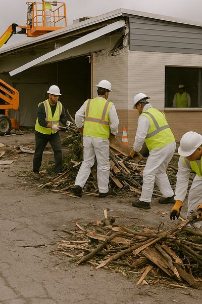 CDR crews remove debris and secure a storm-damaged facility with lift support.