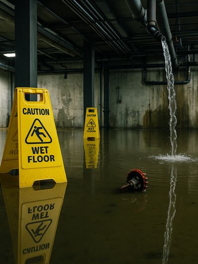 Flooded commercial facility with leaking pipes and wet floor caution signs.