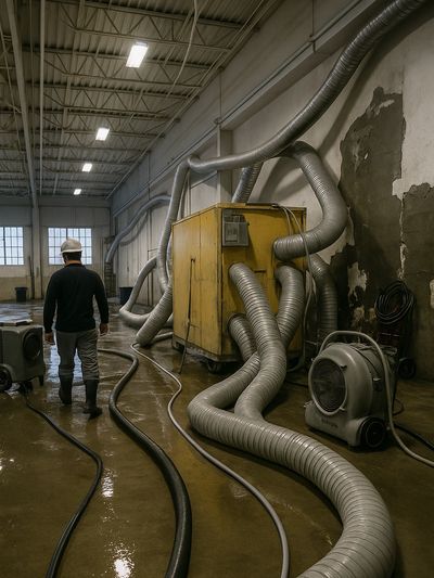 Technicians managing large-scale drying equipment during commercial water damage recovery.