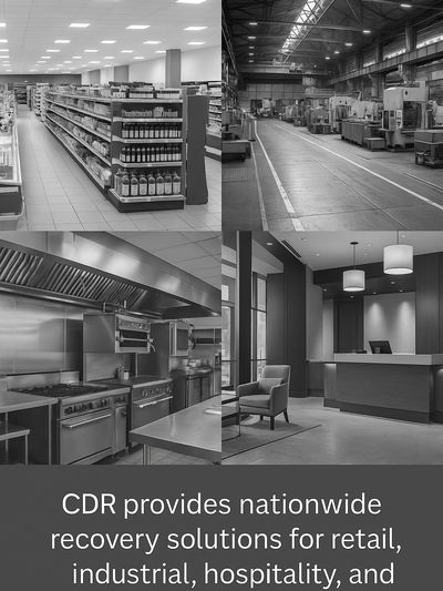 Grayscale collage showing retail, industrial, hospitality, and healthcare facilities.