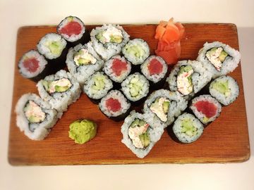 San Shoku Roll, 1 California Roll, 1 Tuna Roll, and 1 Cucumber Roll