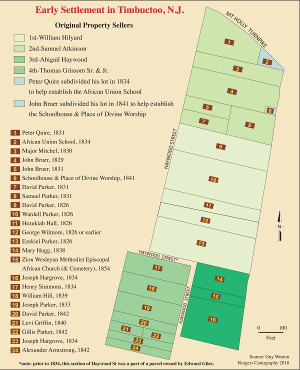 Map of early Timbuctoo, NJ land ownership and settlers.