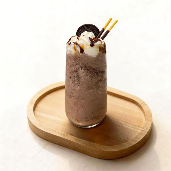 Chocolate milkshake with whipped cream, Oreo, and chocolate sticks on a wooden tray.