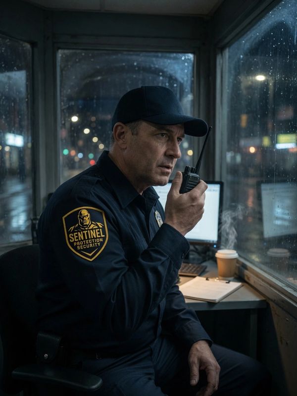 Security guard in a booth talking on a walkie-talkie on a rainy night.