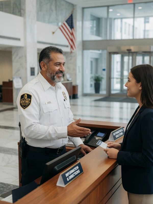 Security officer assisting a woman at an information desk in a building lobby.