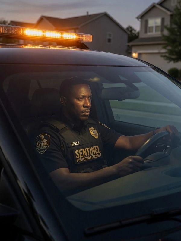 A focused security officer drives a patrol car at dusk.