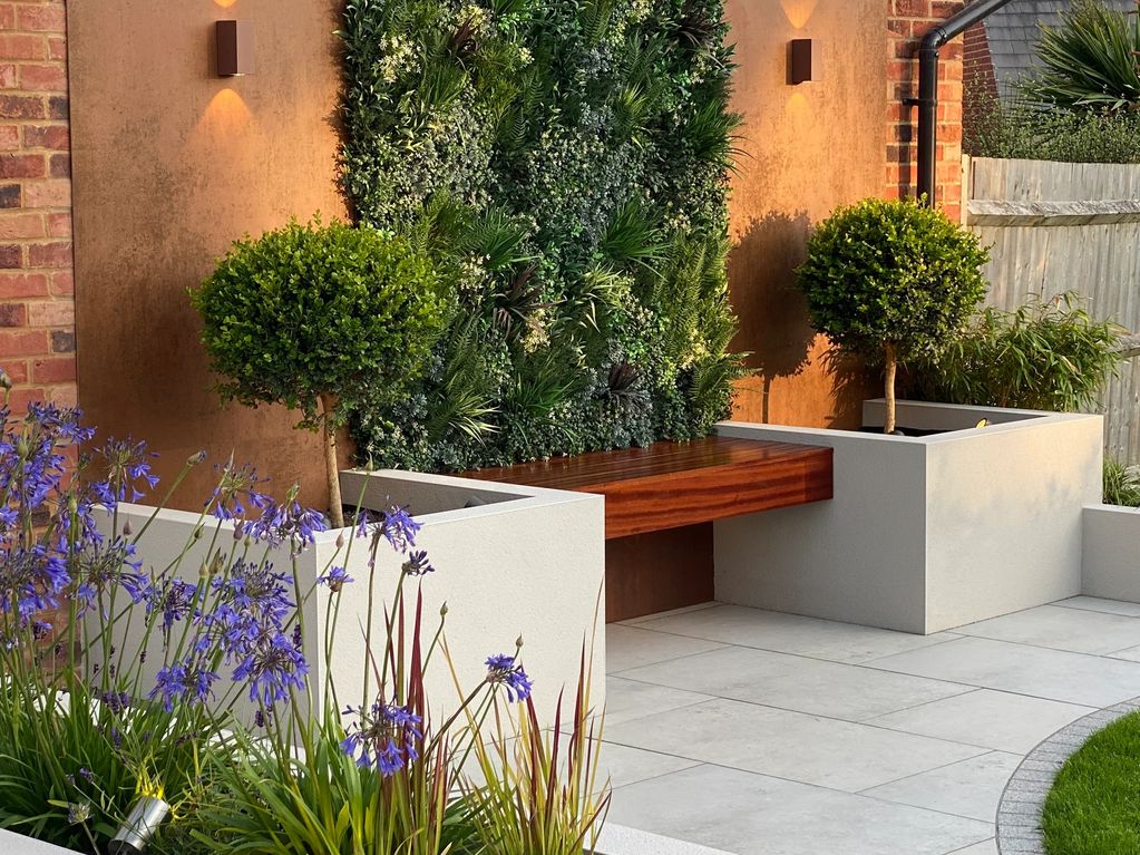 Artificial Living Wall and Western Red Cedar Floating Bench with Designclad Luxury Porcelain