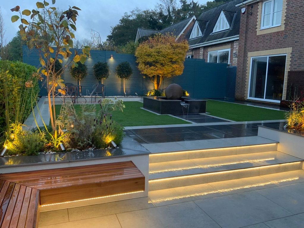 Split Level Medium Sized Garden 
Water Feature & Red Cedar Floating Bench
Luxury Italian Porcelain