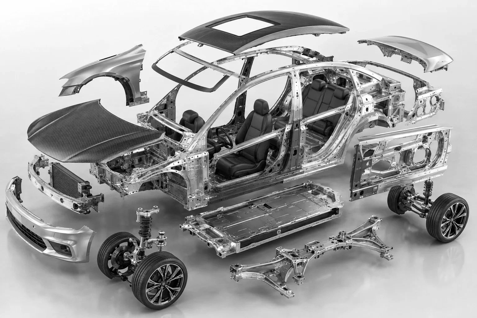 Structure métallique d'une voiture partiellement démontée.