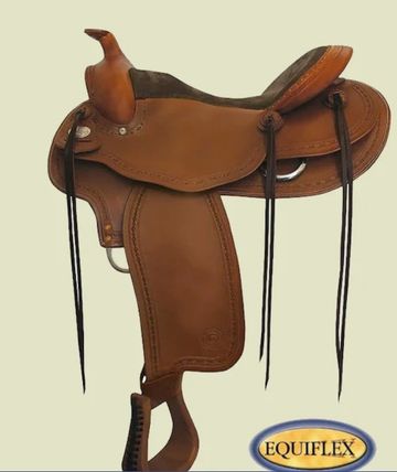 Brown leather horse saddle with EQUFLEX logo.