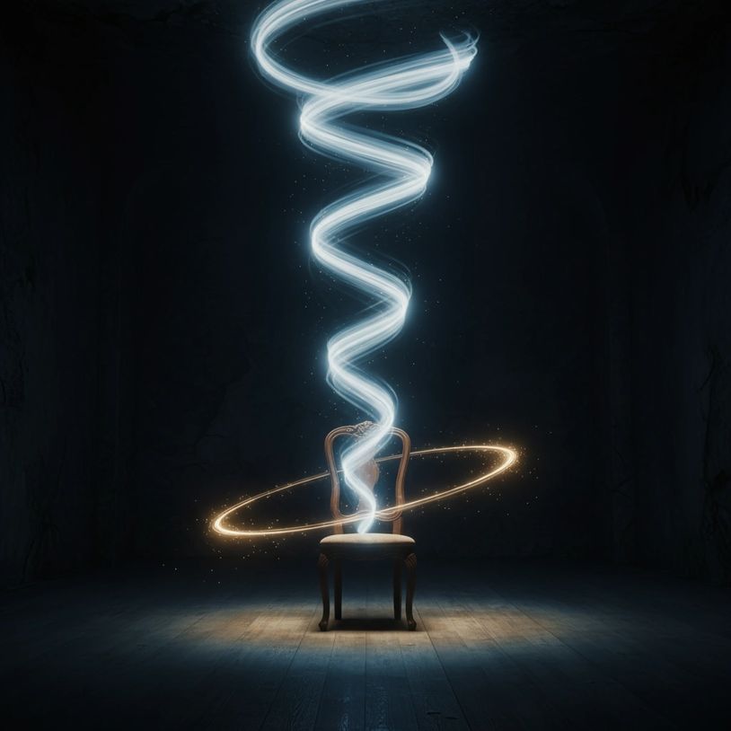 alt="Empty chair in darkness illuminated by glowing spiral of light, symbolizing inevitable return"