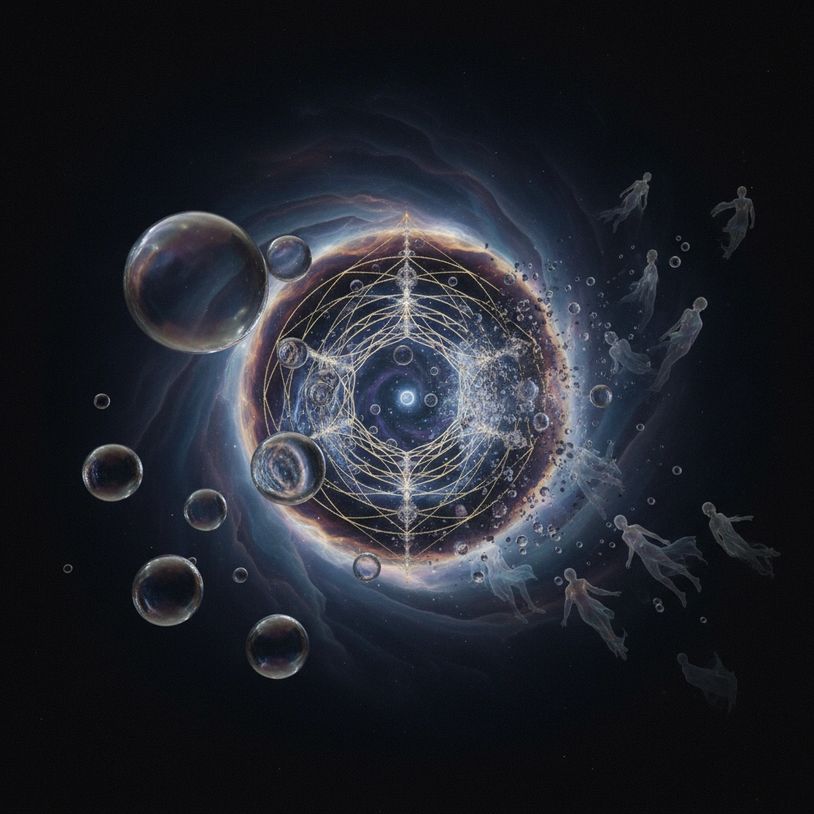 alt="Ethereal void portal with floating soap bubbles dissolving into darkness, sacred spiral"