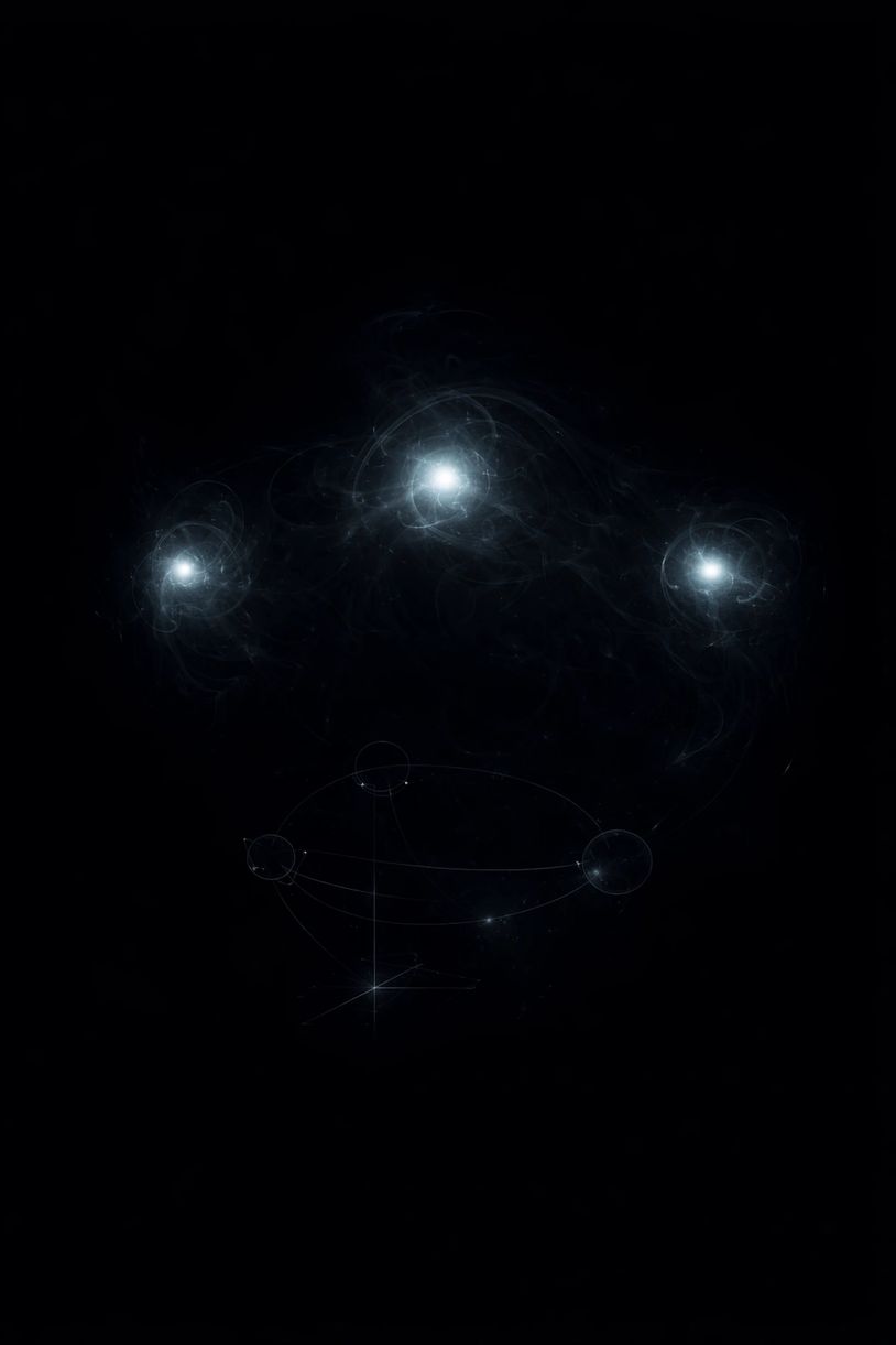 alt="Three glowing orbs in dark space, linked by faint geometry, suggesting consensus C,tk,fK,M."