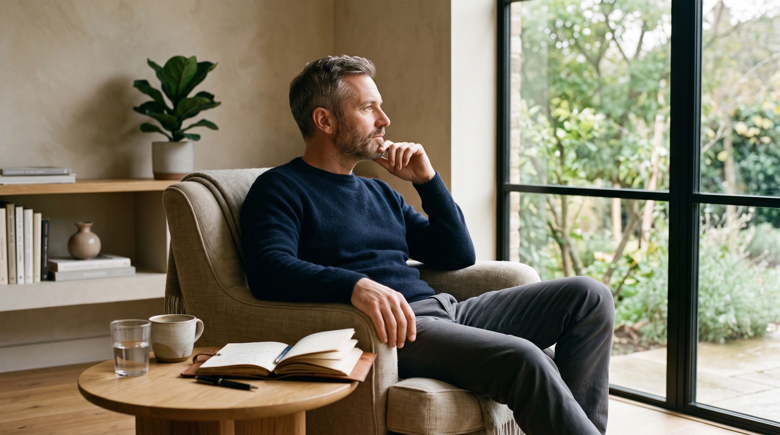 Man sitting in armchair, looking thoughtfully out window.