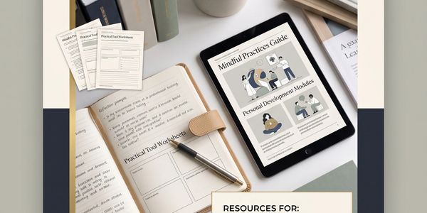 Workspace with a tablet and open notebook featuring mindfulness resources.