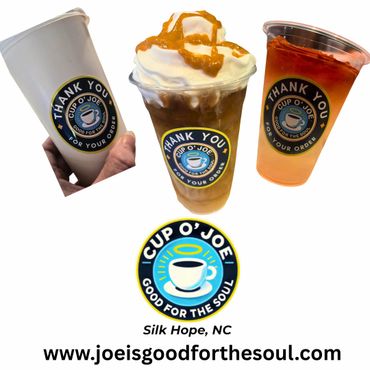 Three beverages from Cup O' Joe with logo and website info.