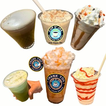 A variety of iced and whipped coffee drinks from Cup O' Joe.