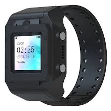 Black digital smartwatch with a perforated band and side buttons.