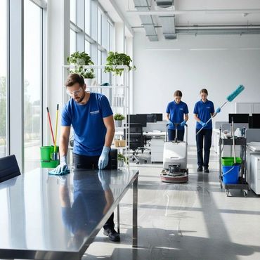 Three cleaners in blue uniforms cleaning a modern office space with large windows.