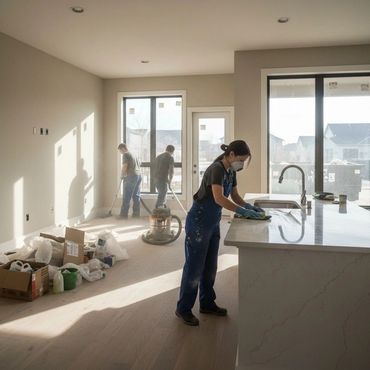 Workers cleaning a newly constructed home interior with large windows and sunlight.