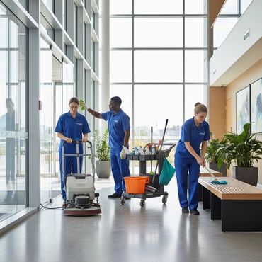 Three janitors cleaning a modern office lobby with equipment and supplies.