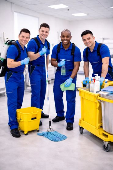 Four happy janitors in blue uniforms with cleaning tools and supplies.