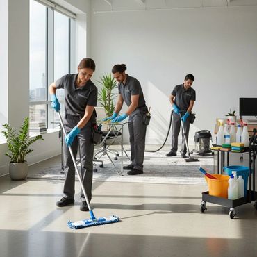 Three professional cleaners working together in an office space.
