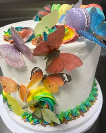 Whimsical Rainbow Delight: Sarah's Colorful Butterfly Cake with Macarons