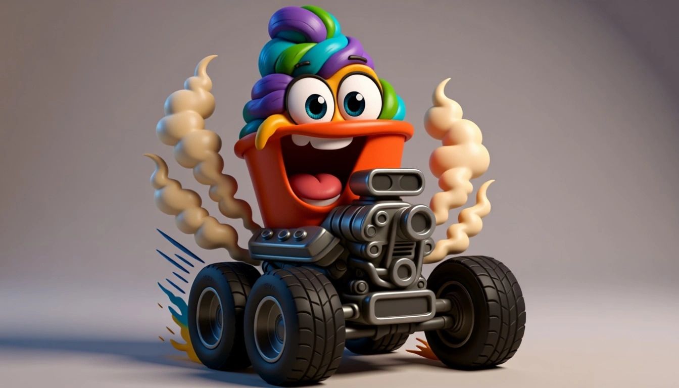 Colorful animated character driving a hot rod car with smoke.