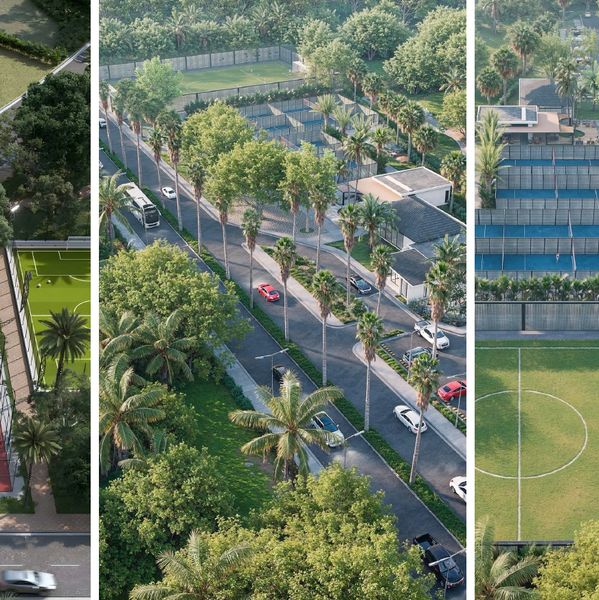 Complejo residencial con canchas deportivas y calles arboladas.