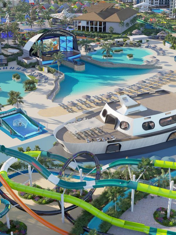 A vibrant water park with pools, slides, and a boat-shaped lounge area.
