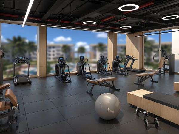Modern gym with large windows, cardio machines, benches, and weights.