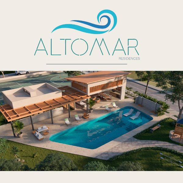 Modern pool area with lounge chairs and shaded seating at Altomar Residences.