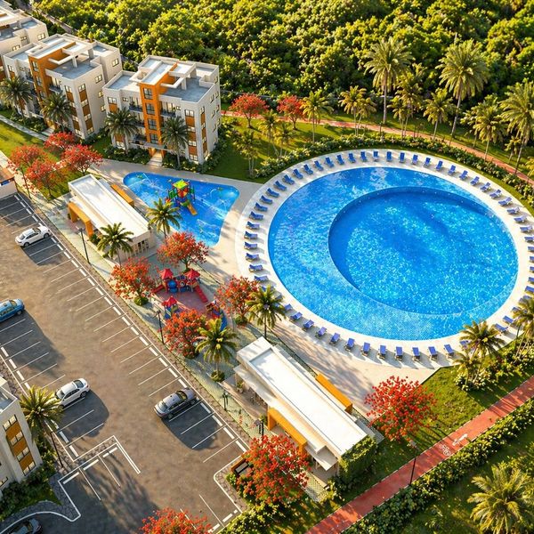 Aerial view of a modern residential complex with a circular pool and surrounding greenery.