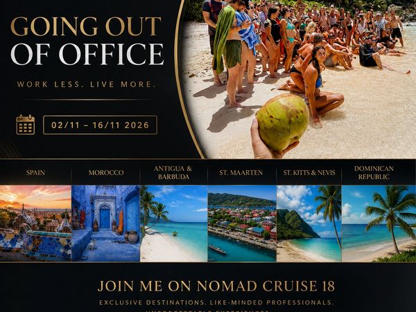 Promotional poster for a Nomad Cruise in 2026 featuring tropical destinations and a group beach scene.