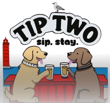 Two dogs drinking at a table with text Tip Two sip. stay.