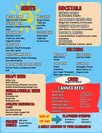 Colorful menu showing shots, mocktails, seltzers, beer, and syrup flavors.