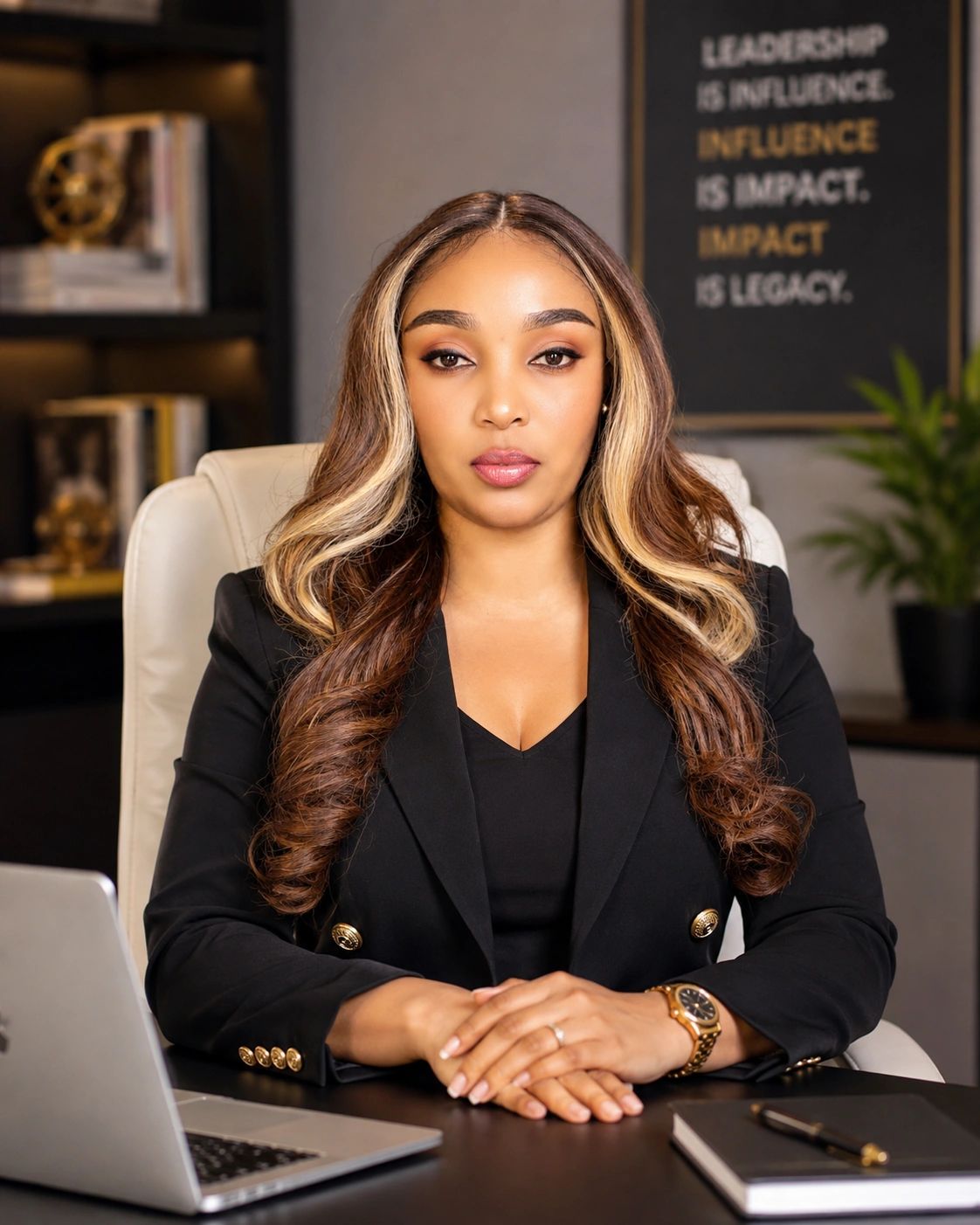 Confident woman in professional office setting.