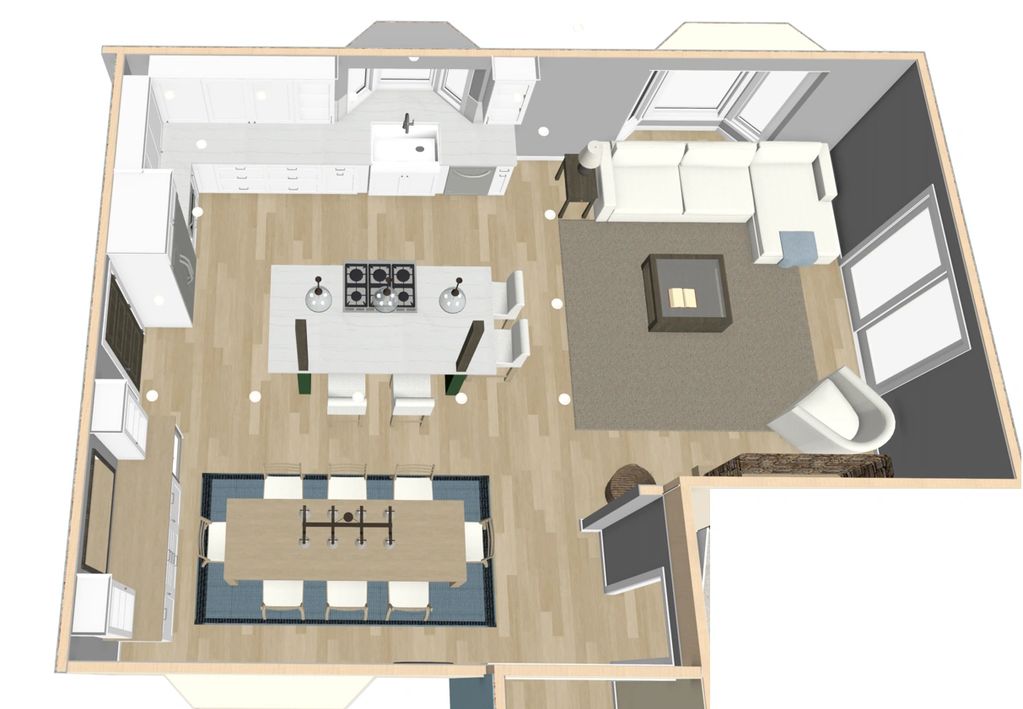 Computer rendering of the overhead layout of main floor kitchen, living, and dining room.