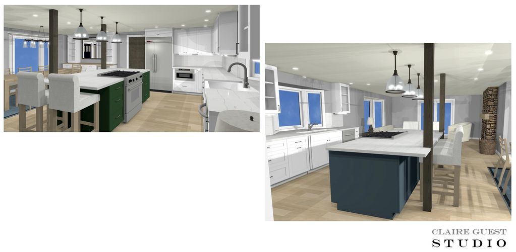 Kitchen remodel renderings from two perspectives of the kitchen island