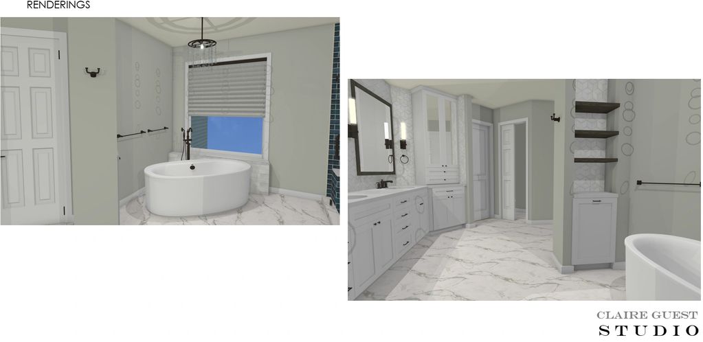 Alternate view of master bathroom rendering for remodel with freestanding white bathtub under window