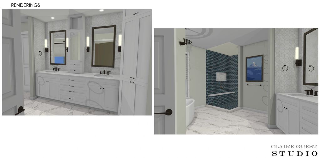 A rendering of a white marble master bathroom with a double vanity and walk-in shower