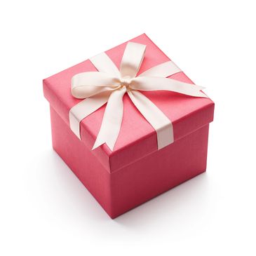 Pink box with a white ribbon tied around it