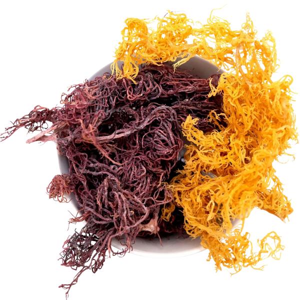 A bowl containing dried purple and yellow seaweed.