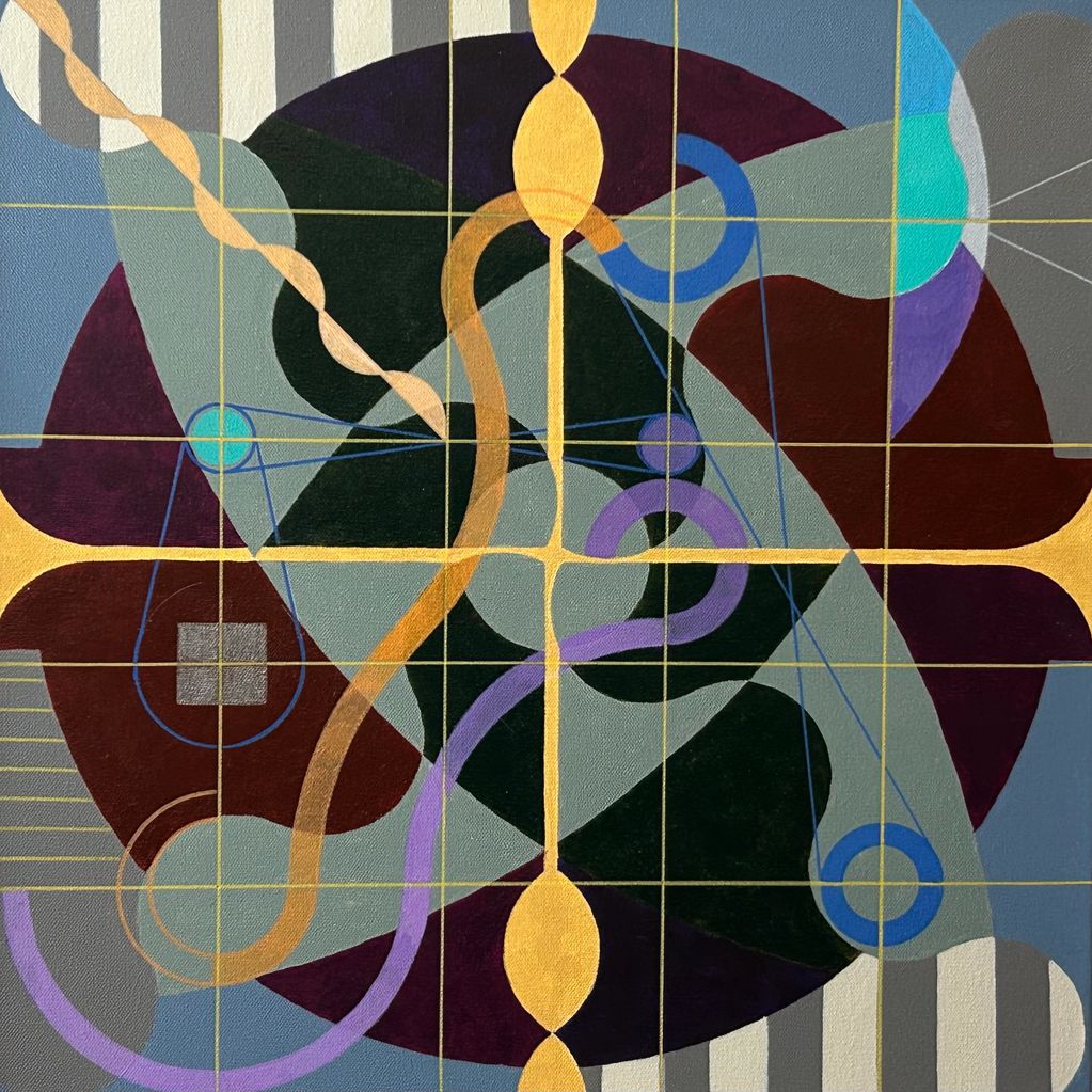 Colorful geometric abstract painting with gold lines.