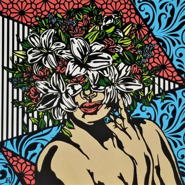 acrylic painting with heavy black outlines of woman with a floral bouquet covering her face