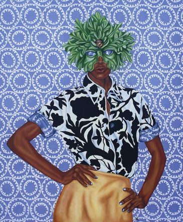oil painting of woman wearing contemporary fashion and leaf mask in front of patterned background
