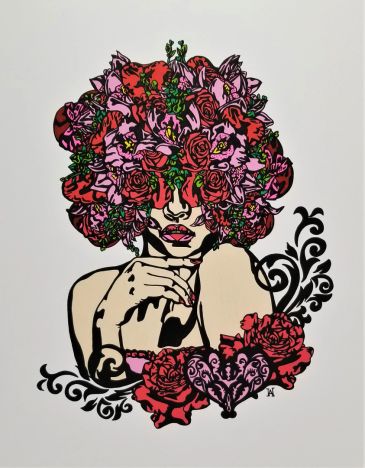 painting of a women with flowers, hearts and balloons covering face